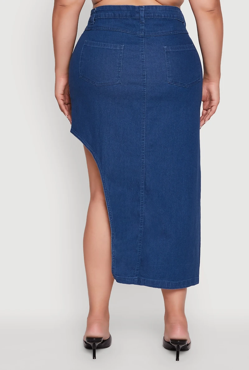 Womens Plus Size Denim High Waisted Asymmetrical Midi Skirt, Blue, Size 2X