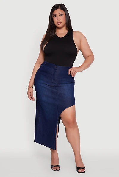 Womens Plus Denim High Waisted Asymmetrical Midi Skirt, Blue,