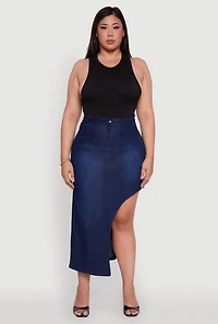 Womens Plus Denim High Waisted Asymmetrical Midi Skirt, Blue,