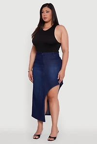 Womens Plus Denim High Waisted Asymmetrical Midi Skirt, Blue,