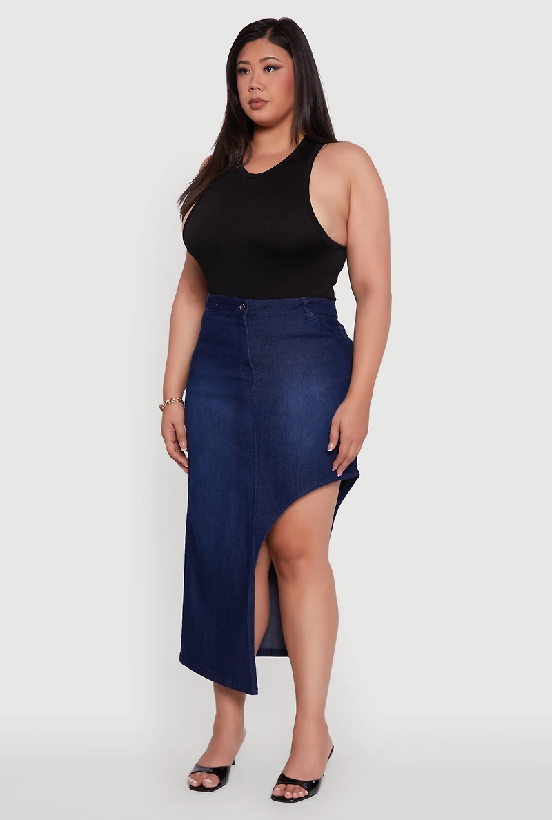 Womens Plus Size Denim High Waisted Asymmetrical Midi Skirt, Blue, Size 3X
