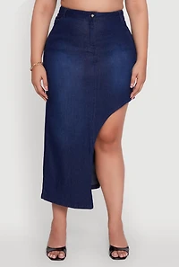 Womens Plus Denim High Waisted Asymmetrical Midi Skirt, Blue,