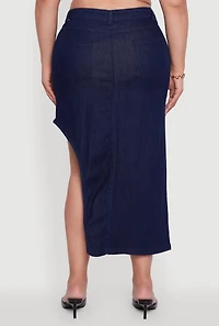 Womens Plus Denim High Waisted Asymmetrical Midi Skirt, Blue,