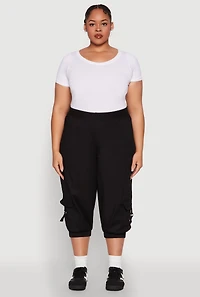 Womens Plus Size Poplin D Ring Cargo Pocket Capri Pants, Black, Size 3X