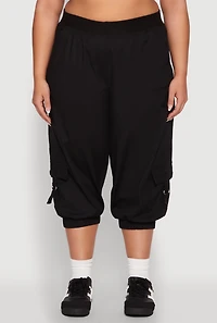 Womens Plus Size Poplin D Ring Cargo Pocket Capri Pants, Black, Size 3X