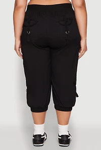Womens Plus Size Poplin D Ring Cargo Pocket Capri Pants, Black, Size 3X