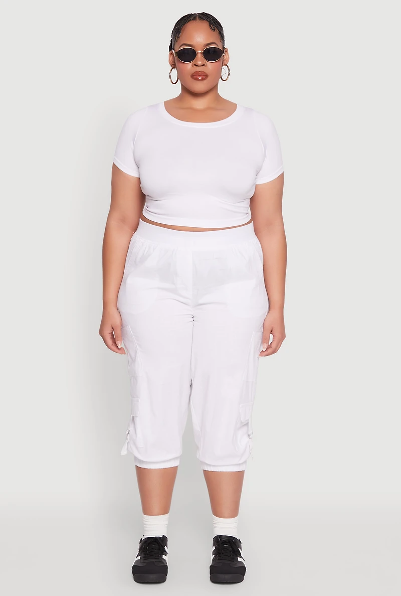 Womens Plus Size Poplin D Ring Cargo Pocket Capri Pants, White, Size 2X