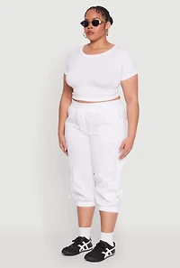 Womens Plus Size Poplin D Ring Cargo Pocket Capri Pants, White, Size 3X