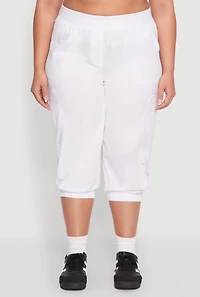 Womens Plus Size Poplin D Ring Cargo Pocket Capri Pants, White, Size 3X