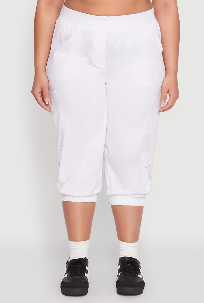 Womens Plus Size Poplin D Ring Cargo Pocket Capri Pants, White, Size 2X