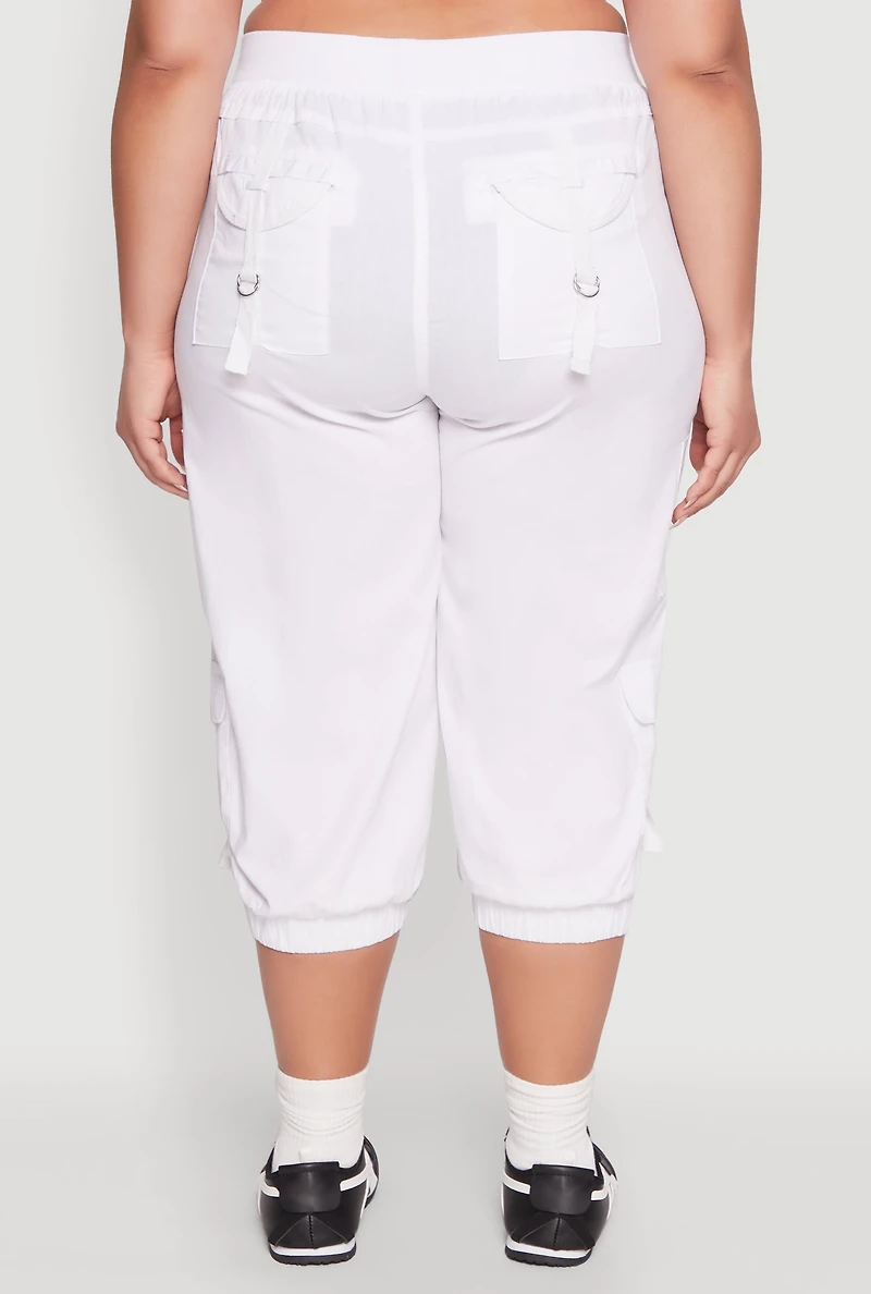 Womens Plus Size Poplin D Ring Cargo Pocket Capri Pants, White, Size 2X