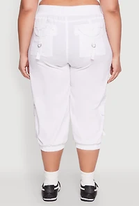 Womens Plus Size Poplin D Ring Cargo Pocket Capri Pants, White, Size 2X