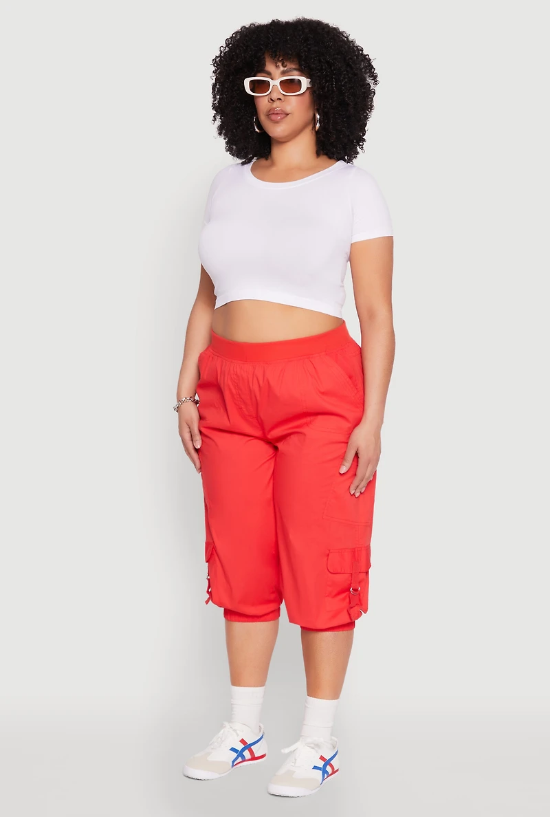 Womens Plus Size Poplin D Ring Cargo Pocket Capri Pants, Red, Size 2X