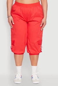 Womens Plus Size Poplin D Ring Cargo Pocket Capri Pants, Red, Size 2X