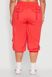 Womens Plus Size Poplin D Ring Cargo Pocket Capri Pants, Red, Size 2X