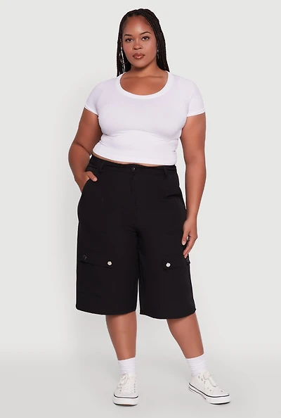 Womens Plus Size High Waisted Solid Nylon Cargo Shorts, Black, Size 1X