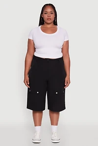 Womens Plus High Waisted Solid Nylon Cargo Shorts,