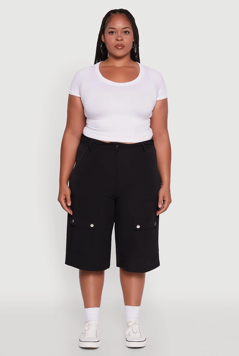 Womens Plus High Waisted Solid Nylon Cargo Shorts, Black,