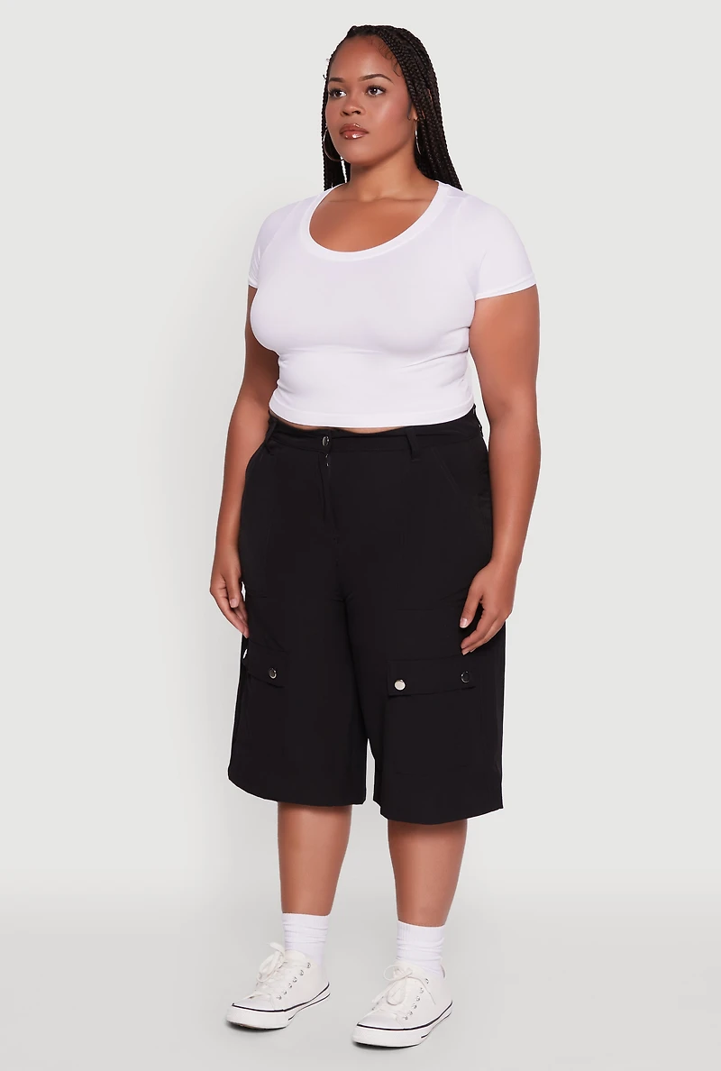 Plus High Waisted Solid Nylon Cargo Shorts