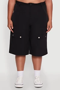 Womens Plus High Waisted Solid Nylon Cargo Shorts,