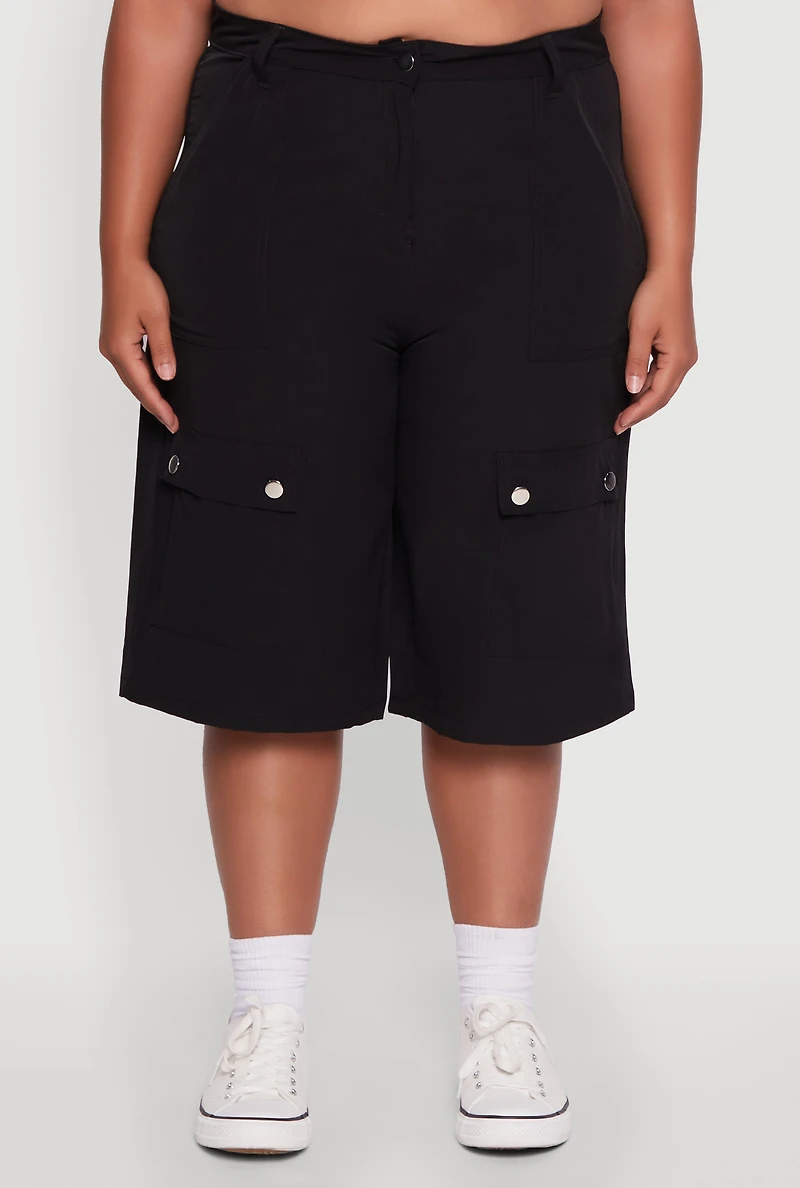 Womens Plus High Waisted Solid Nylon Cargo Shorts, Black,