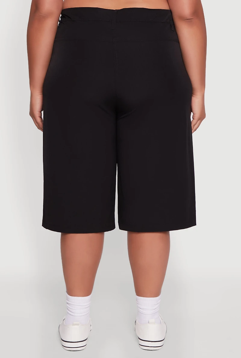 Womens Plus High Waisted Solid Nylon Cargo Shorts, Black,
