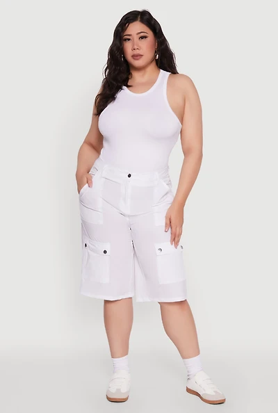 Womens Plus Size High Waisted Solid Nylon Cargo Shorts, White, Size 3X