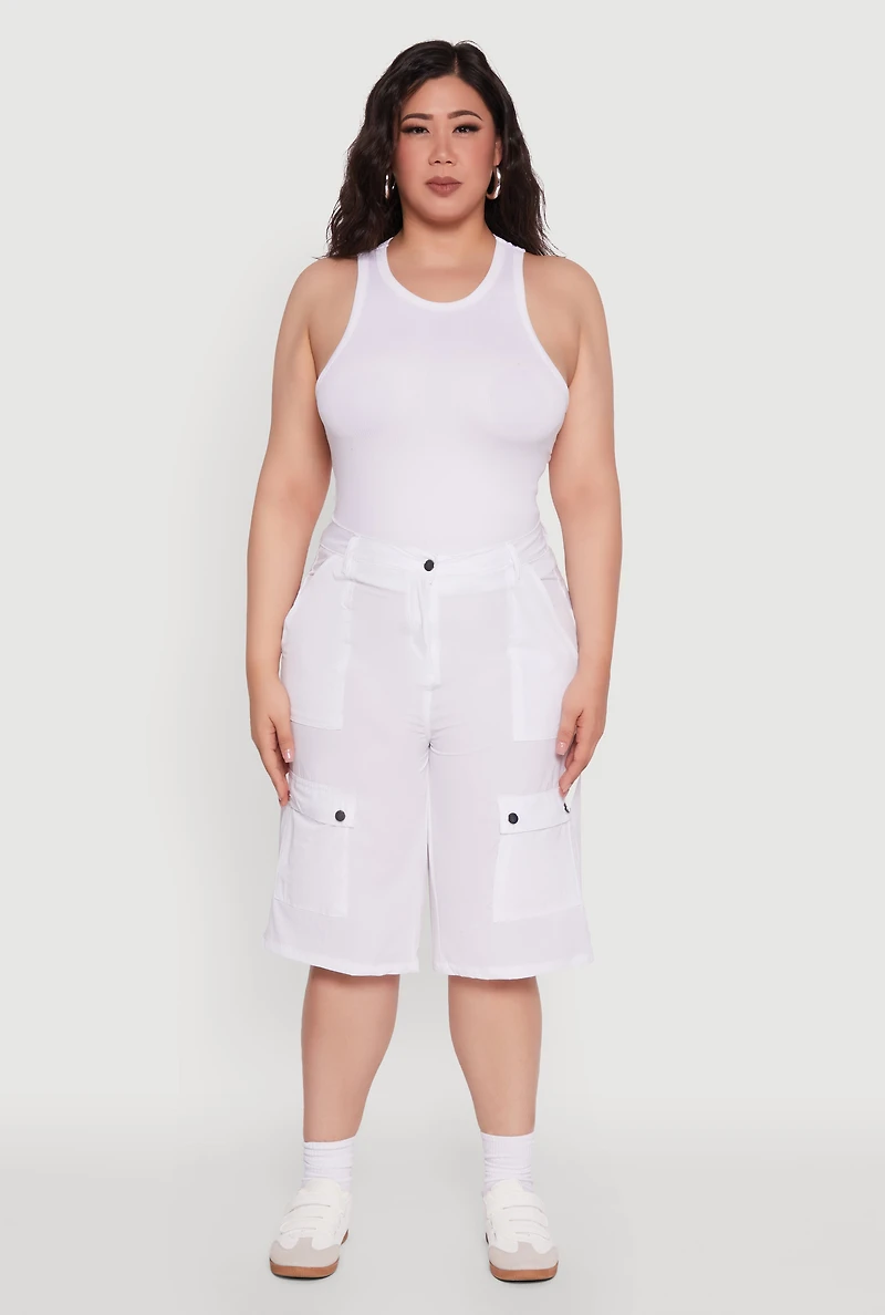 Plus High Waisted Solid Nylon Cargo Shorts