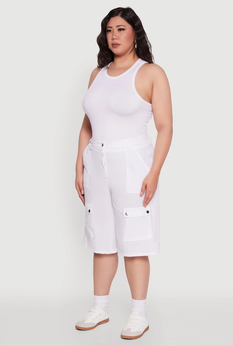 Plus High Waisted Solid Nylon Cargo Shorts