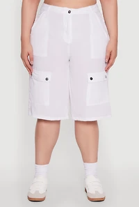 Womens Plus Size High Waisted Solid Nylon Cargo Shorts, White, Size 3X