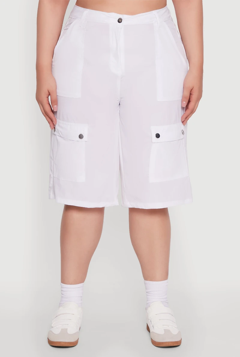 Plus High Waisted Solid Nylon Cargo Shorts