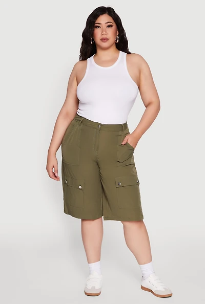 Womens Plus High Waisted Solid Nylon Cargo Shorts,