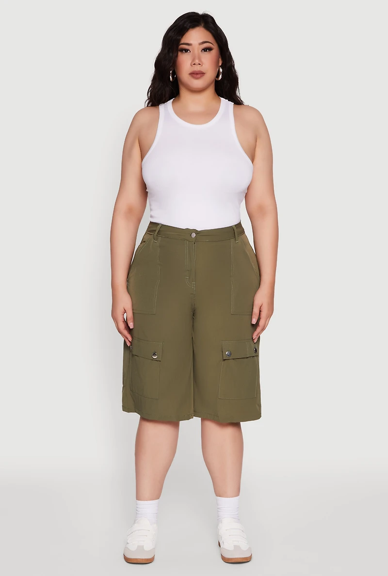 Womens Plus High Waisted Solid Nylon Cargo Shorts, 1X