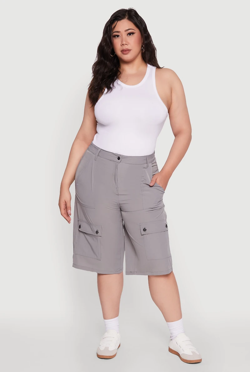 Womens Plus Size High Waisted Solid Nylon Cargo Shorts, Grey, Size 2X