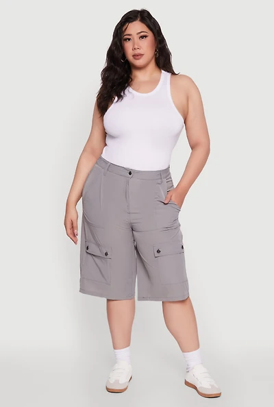 Womens Plus Size High Waisted Solid Nylon Cargo Shorts, Grey, Size 2X
