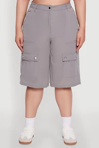 Womens Plus Size High Waisted Solid Nylon Cargo Shorts, Grey, Size 2X