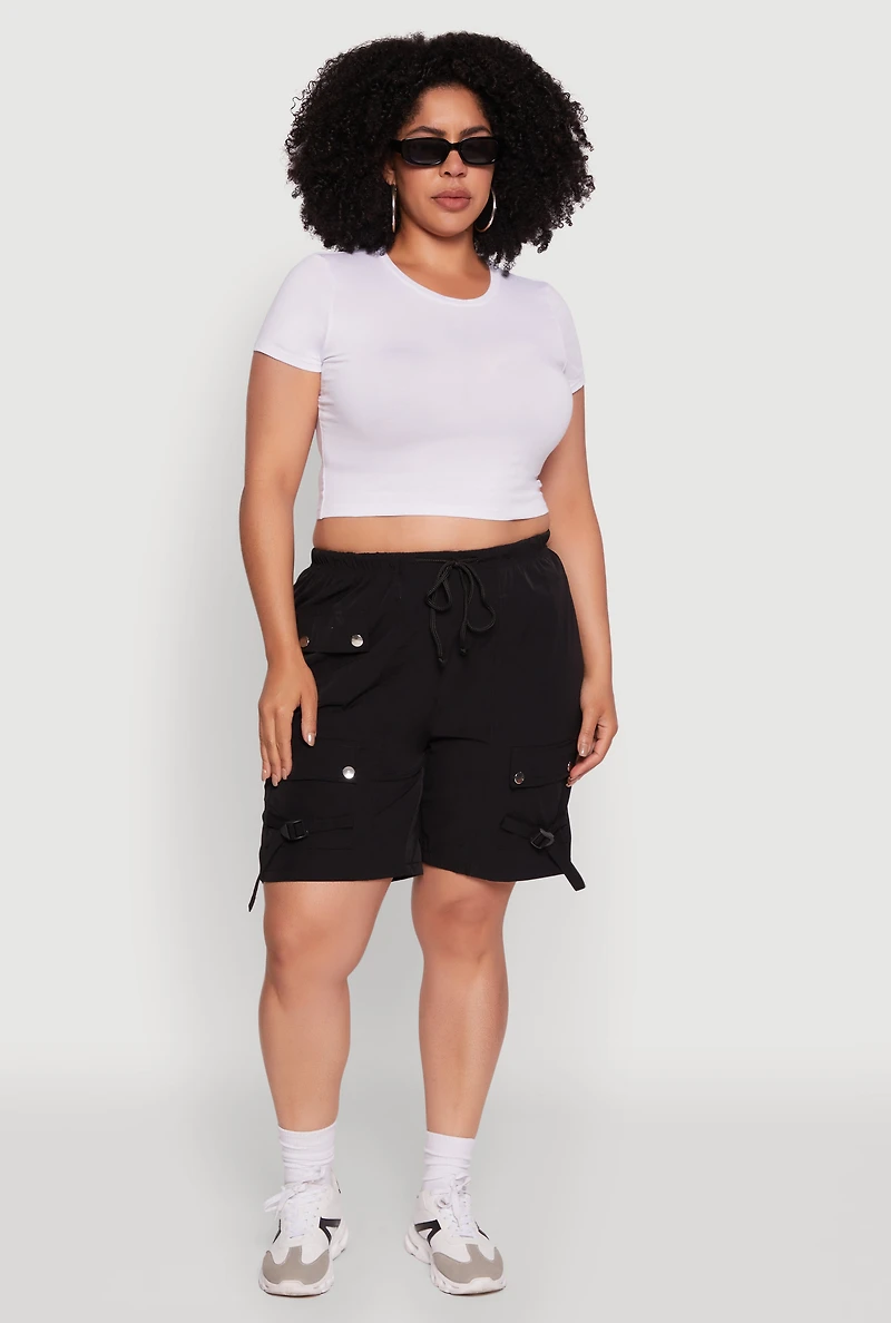Womens Plus Size High Waisted Nylon Cargo Shorts with Drawstring, Black, Size 1X