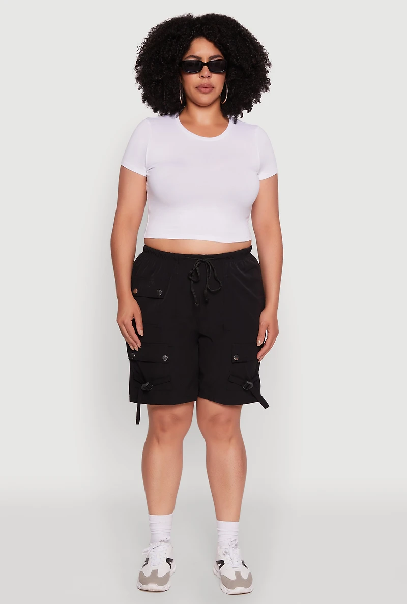 Womens Plus Size High Waisted Nylon Cargo Shorts with Drawstring, Black, Size 1X