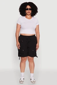 Womens Plus Size High Waisted Nylon Cargo Shorts with Drawstring, Black, Size 1X