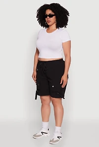 Womens Plus Size High Waisted Nylon Cargo Shorts with Drawstring, Black, Size 2X