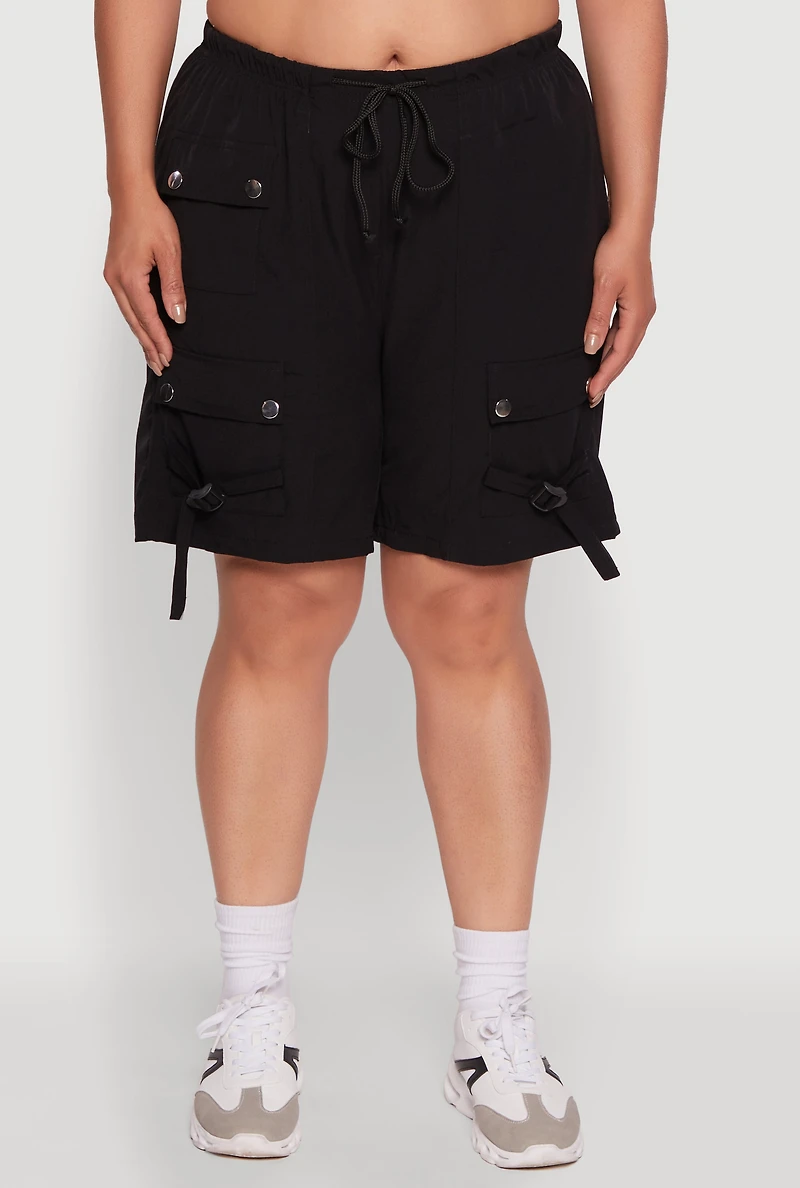Womens Plus High Waisted Nylon Cargo Shorts with Drawstring, 1X