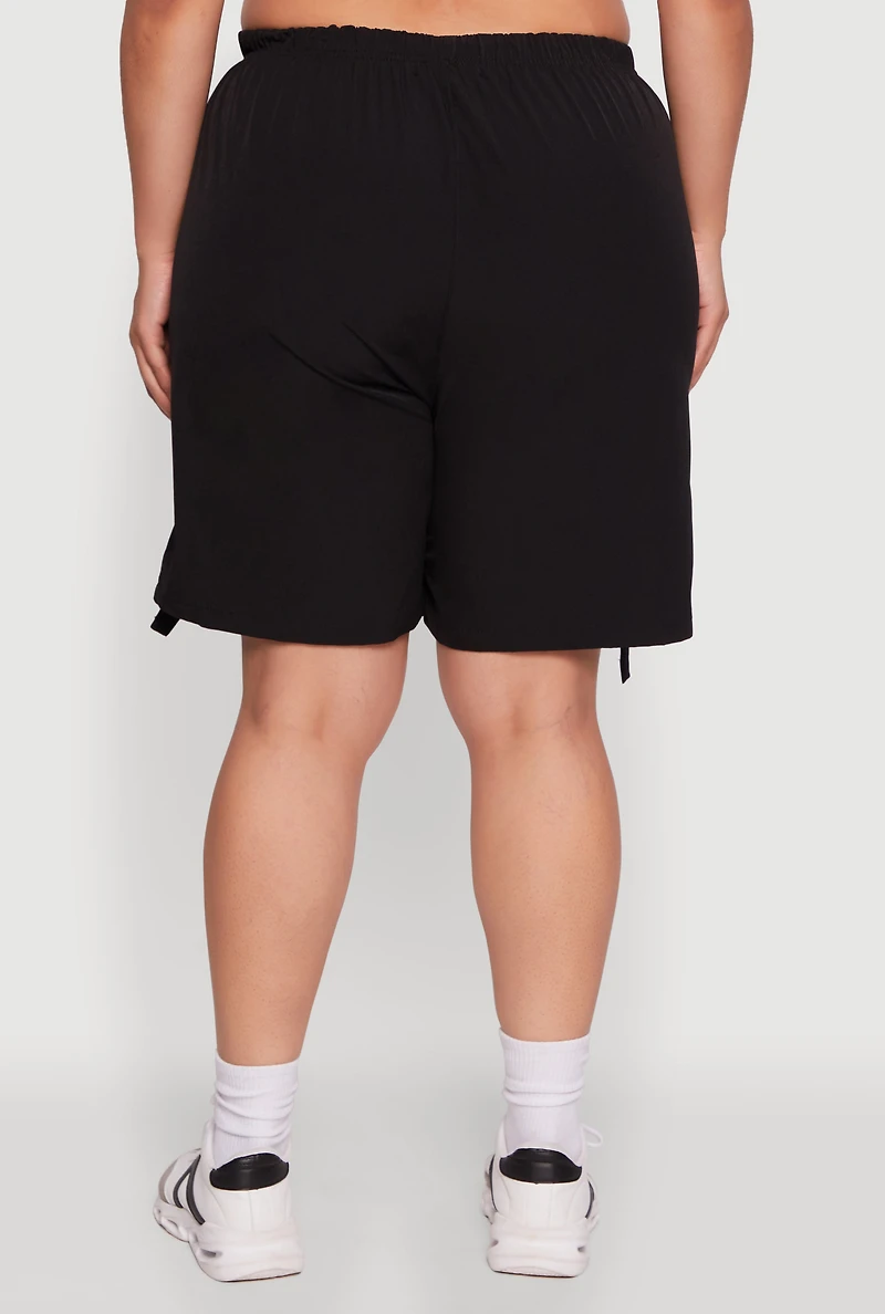 Womens Plus High Waisted Nylon Cargo Shorts with Drawstring, 1X