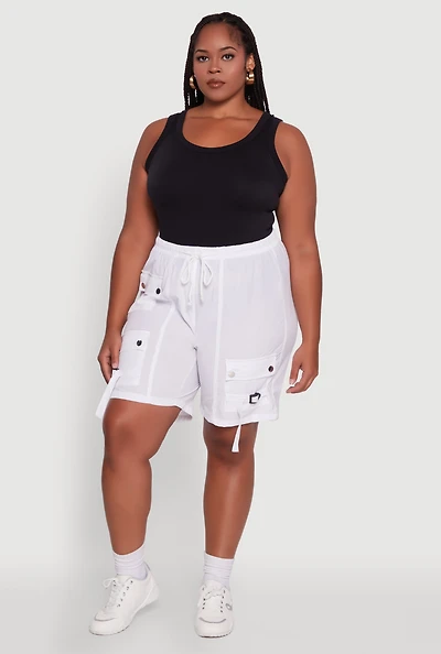 Womens Plus Size High Waisted Nylon Cargo Shorts with Drawstring, White, Size 1X