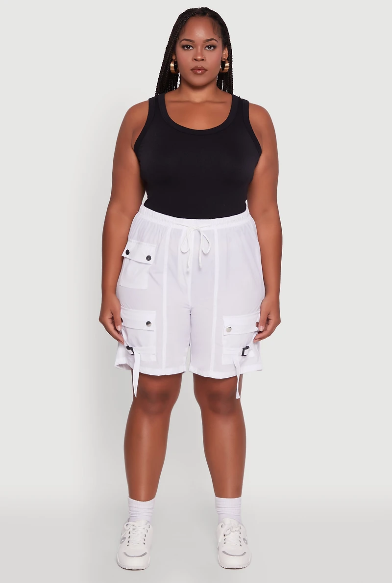 Womens Plus Size High Waisted Nylon Cargo Shorts with Drawstring, White, Size 2X