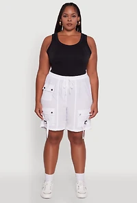 Womens Plus Size High Waisted Nylon Cargo Shorts with Drawstring, White, Size 2X