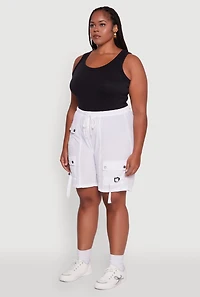 Womens Plus Size High Waisted Nylon Cargo Shorts with Drawstring, White, Size 2X