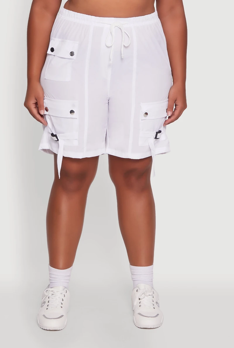 Womens Plus Size High Waisted Nylon Cargo Shorts with Drawstring, White, Size 2X