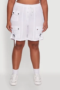 Womens Plus Size High Waisted Nylon Cargo Shorts with Drawstring, White, Size 2X