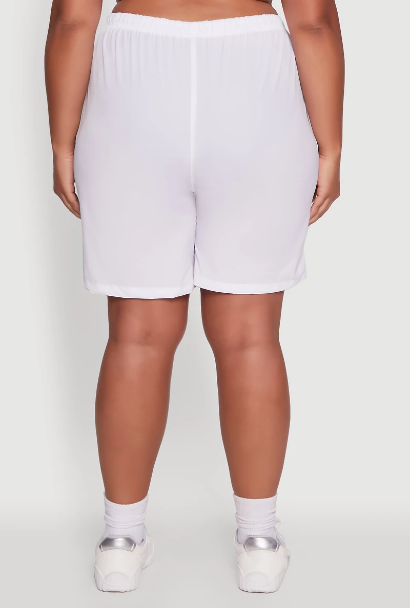 Womens Plus Size High Waisted Nylon Cargo Shorts with Drawstring, White, Size 2X