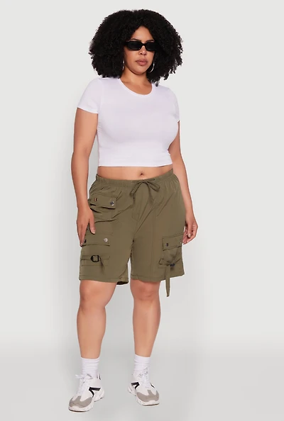 Womens Plus Size High Waisted Nylon Cargo Shorts with Drawstring, Green, Size 1X